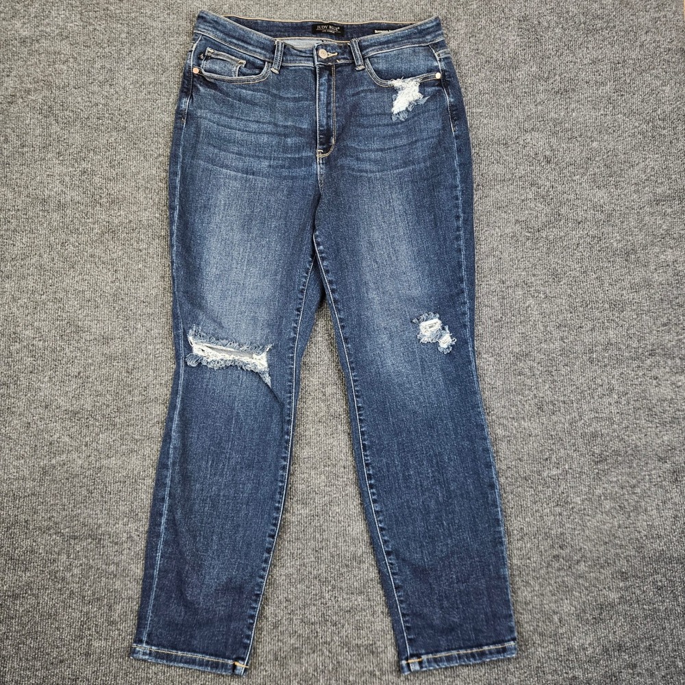Judy Blue Boyfriend Fit Jeans Womens 11/ 30 High Rise Distressed Dark Wash Denim